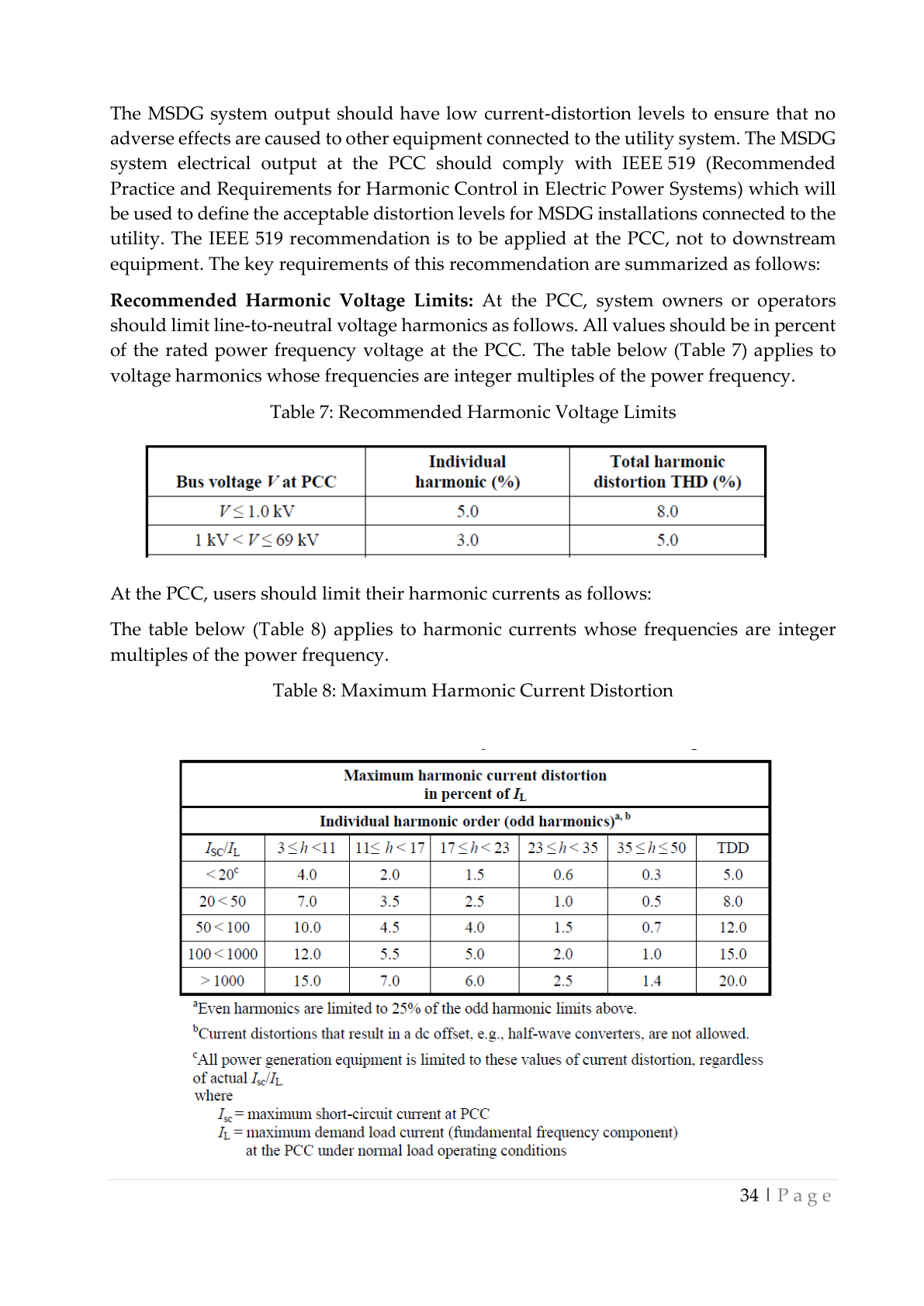 Table 7 and Table 8: Recommended Harmonic Voltage Limits and Maximum Harmonic Current Distortion (IEEE 519)
